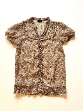 Floral Ditsy Print Ruffle Short Sleeve Top Lightweight Summer Size M